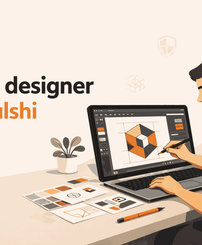Logo designer in Mulshi working on geometric logo design using laptop and stylus in a modern minimalist workspace illustration
