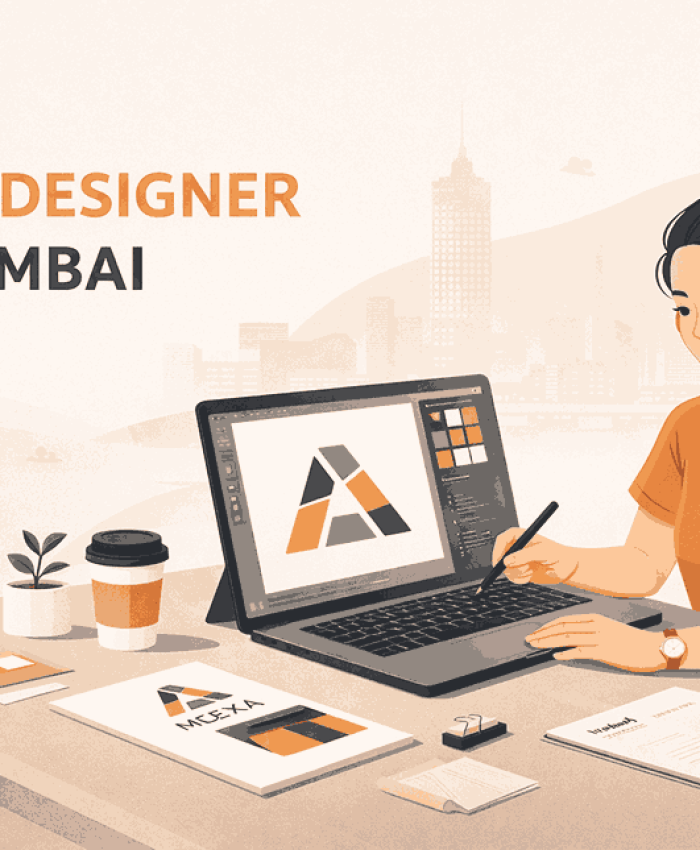 Logo designer in Mumbai creating geometric logo on laptop with stylus in modern minimalist workspace illustration