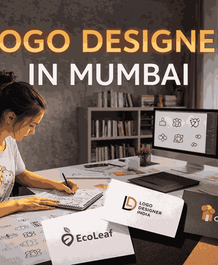 Professional logo designer in Mumbai creating logo concepts in a modern studio with branding materials and digital tools.