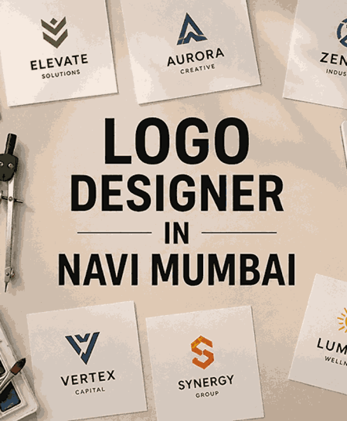 A top-view flat lay of logo designs and branding tools highlighting professional logo design services in Navi Mumbai.
