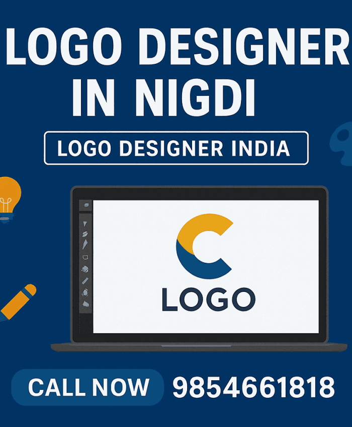Promotional cover image for Logo Designer in Nigdi with laptop mockup, creative elements, and contact number 9854661818.