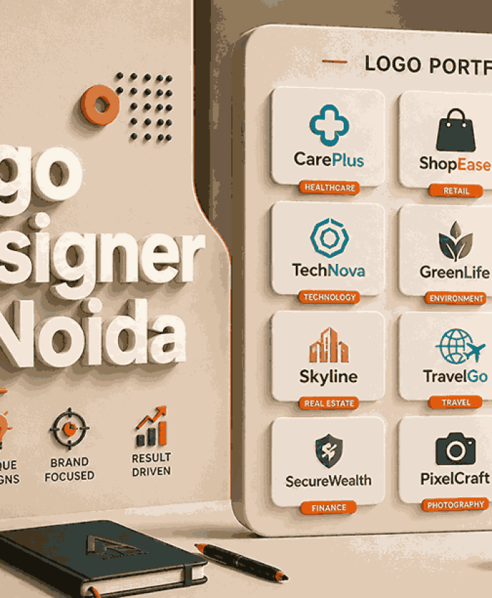A modern 3D blog cover featuring logo designer services in Noida with a portfolio grid of logo designs.