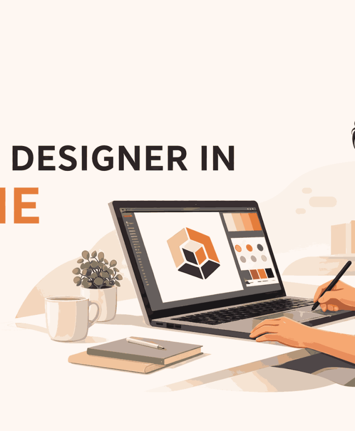 Modern minimalist illustration of a logo designer in Pune creating a geometric logo, representing professional branding services in India.