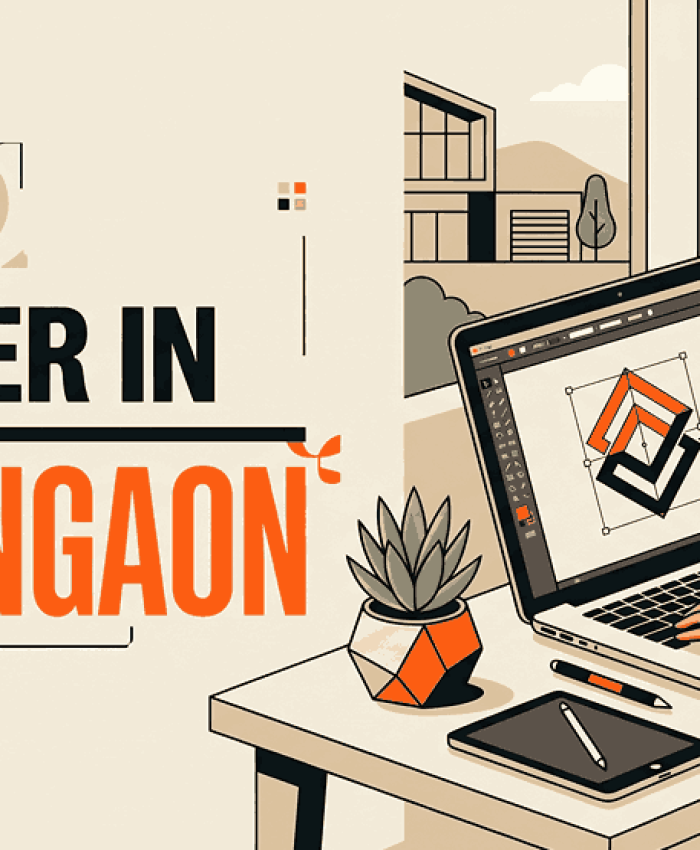 A bold and modern blog cover showcasing a logo designer in Ranjangaon working on a geometric logo.