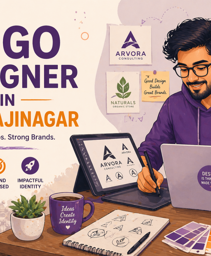 A modern blog cover featuring a logo designer in Sambhajinagar creating logo concepts in a warm and creative workspace.