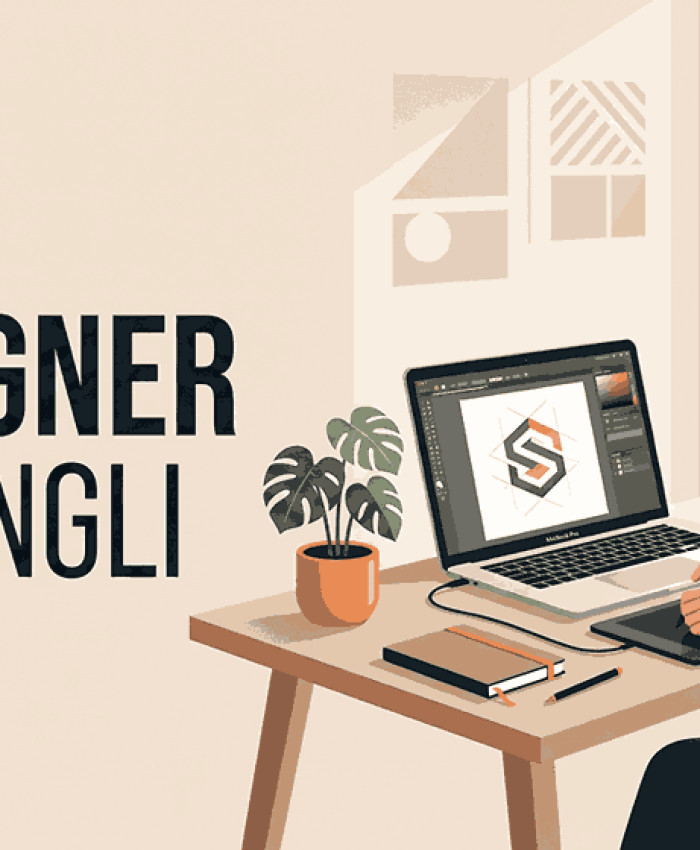 A modern studio wall in Sangli displaying a diverse collection of logo designs with a designer reviewing the portfolio.