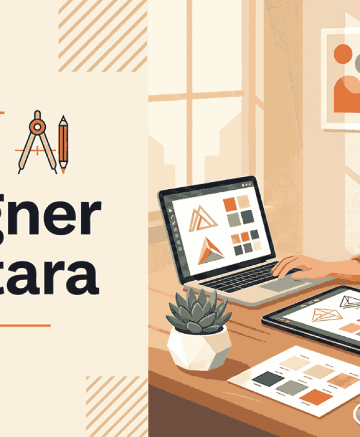 Logo designer in Satara blog cover with designer working on tablet and laptop showing logo sketches and color palettes
