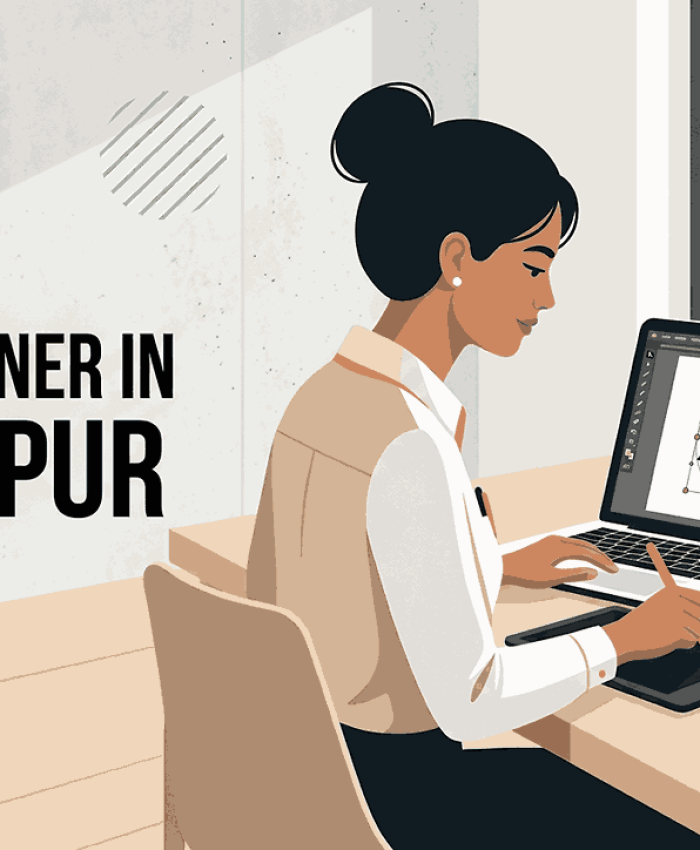 A clean and modern blog cover showcasing a logo designer in Shikrapur working on a geometric logo in a minimalist workspace.
