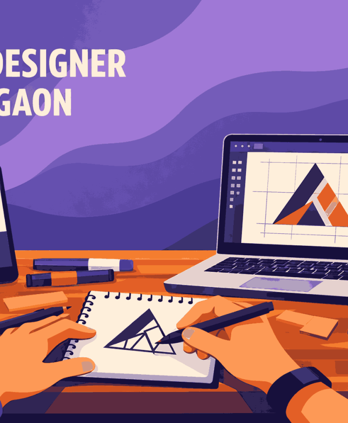 Modern flat vector illustration of a logo designer in Talegaon creating a geometric logo with laptop, smartphone, and branding tools in a creative workspace