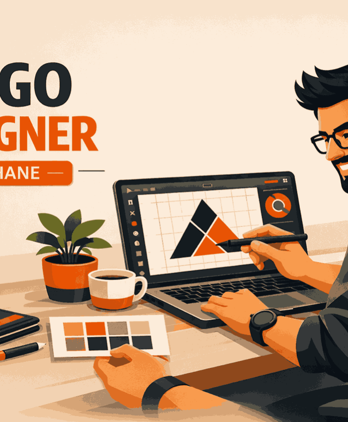 Professional logo designer in Thane working on a geometric logo design using laptop and stylus in a modern minimalist workspace