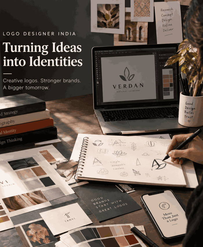 Logo Designer India creating a professional brand identity with logo sketches and digital design