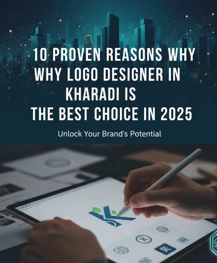 Logo Designer Kharadi 2025: Hands designing modern 'K' logo on a tablet, overlayed on Pune cityscape. Best Choice for Branding.