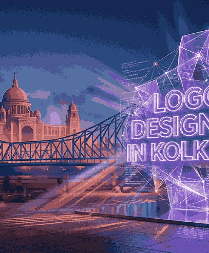 A futuristic 3D abstract structure displaying "Logo Designer in Kolkata" text with light rays and algorithms, set against a minimalist geometric background of the Victoria Memorial and Howrah Bridge in terracotta and violet tones.