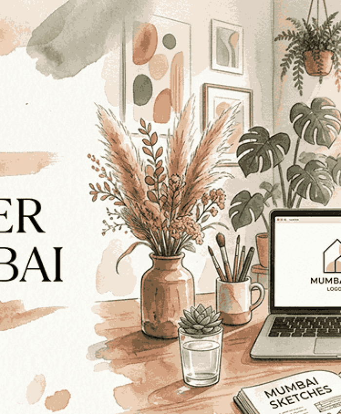 Dreamy watercolor illustration of a logo designer in mumbai india 's wooden desk workspace in Mumbai, India. An open laptop displays a minimalist geometric logo, next to a ceramic vase with dried pampas grass and potted plants. In the foreground, hands are sketching with a pen in an open notebook on the desk.