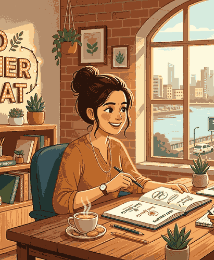 A female logo designer with a sketchpad and a male client with a laptop sit at a wooden desk in a sunlit Surat office, discussing logo concepts. A lit sign says "LOGO DESIGNER IN SURAT".