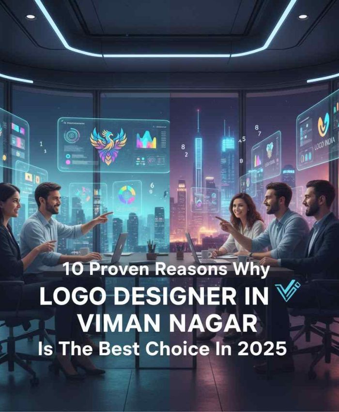 A group of five diverse logo designers in a modern, neon-lit office overlooking a futuristic city skyline, brainstorming with digital holographic displays showing logo concepts and data. The text "10 Proven Reasons Why LOGO DESIGNER IN VIMAN NAGAR Is The Best Choice In 2025" is prominently displayed in the foreground.