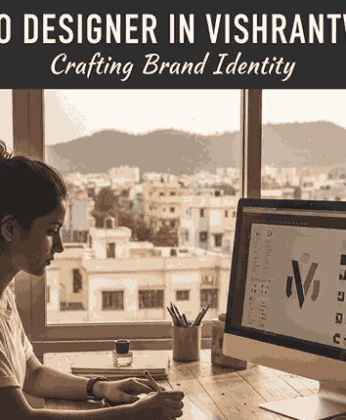 Logo designer in Vishrantwadi working on brand identity, crafting a unique logo on a computer with a scenic city view in the background.