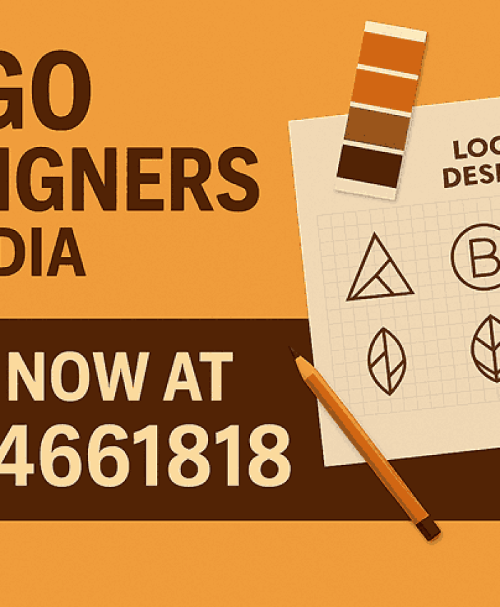 A creative advertisement for Logo Designers in India featuring logo sketches, a pencil, color swatches, and a bold call-to-action number.