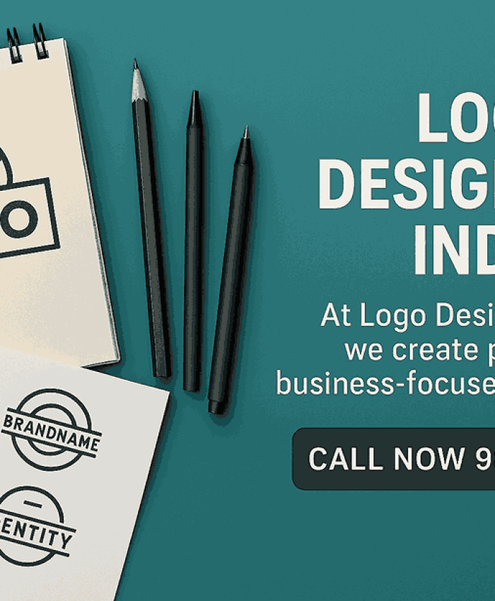 A modern teal cover image showcasing logo sketches and branding tools with a call-to-action for Logo Designers India.