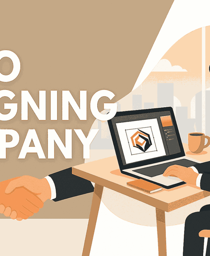 Official blog cover featuring LOGO DESIGNING COMPANY with designer workspace and successful client handshake.