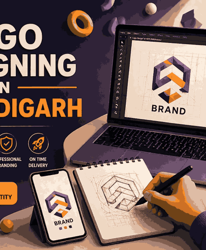 A premium 3D illustration showcasing logo designing in Chandigarh with a creative multi-device workspace.