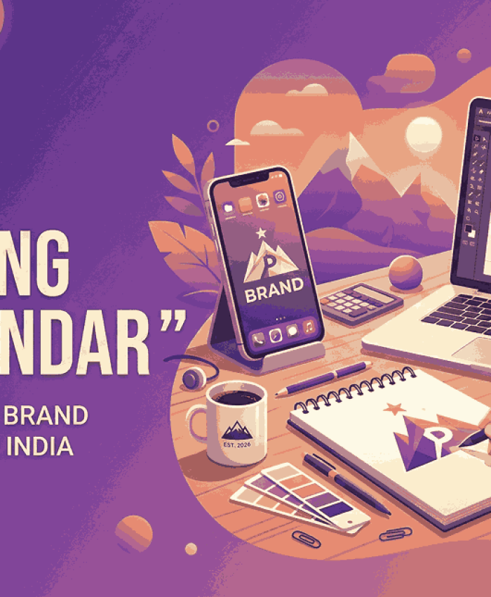 Modern flat vector illustration for logo designing in Purandar, featuring a creative workspace with a laptop, smartphone, and a hand sketching a mountain-themed logo on a purple gradient background.