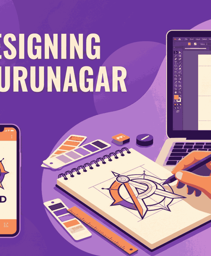 A modern flat vector illustration showcasing logo designing in Rajgurunagar with a creative workspace, digital tools, and branding elements.