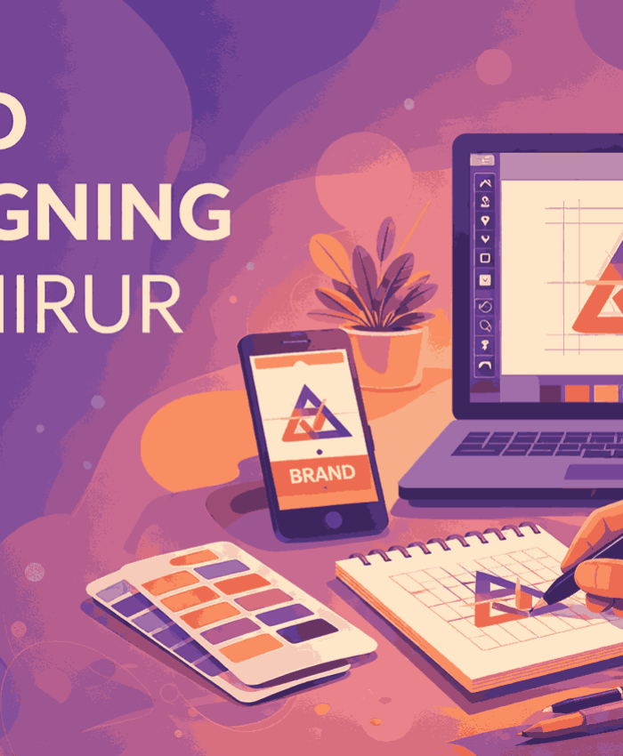 Flat vector illustration of logo designing in Shirur showing graphic designer creating geometric logo on laptop, smartphone, and notepad