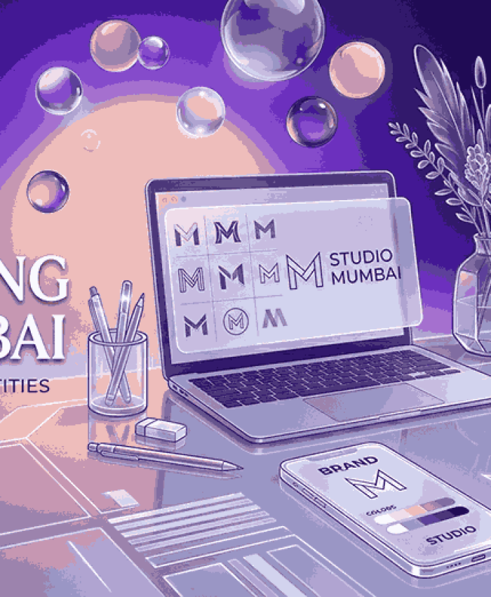 Professional logo designing workspace in Mumbai with laptop, sketching hand, branding elements, and modern creative studio setup
