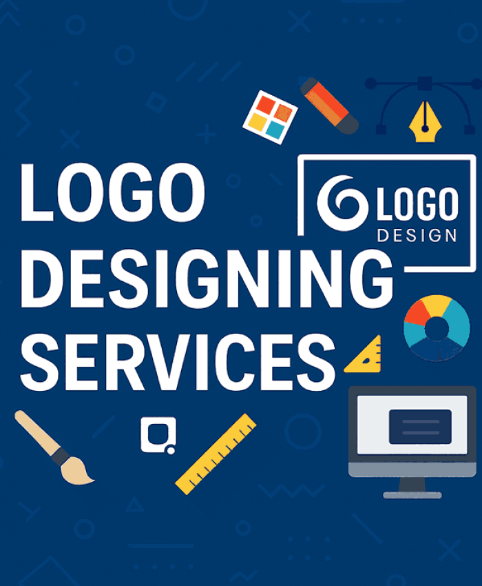 Cover design showcasing professional LOGO DESIGNING SERVICES with modern graphic elements and branding tools.