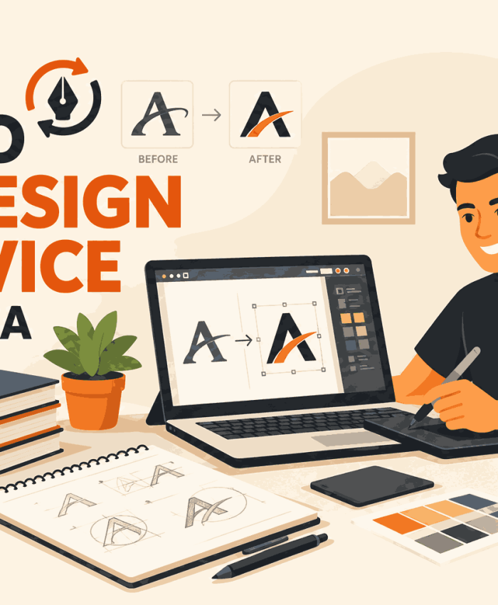 Logo redesign service in India featuring before-and-after logo concepts, a designer working on a laptop, logo sketches, branding books, and color palettes.