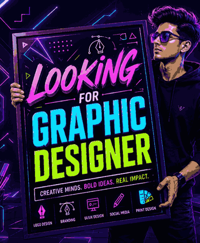 Looking for Graphic Designer neon motivational poster with stylish young man holding glowing typography frame against futuristic purple and navy gradient background