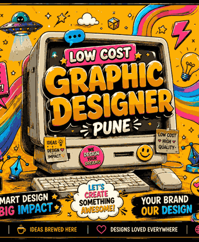 Low Cost Graphic Designer Pune cartoon-style banner with retro computer, rainbow waves, doodle art, neon icons, and playful creative branding elements