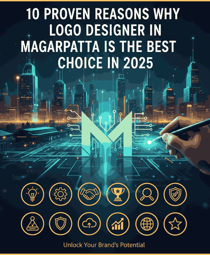 Modern M-shaped logo design with circuit board elements, representing innovation and technology, set against a futuristic city skyline. A hand holds a stylus, illustrating the creative process. Ten icons below symbolize key benefits like ideas, gear, handshake, trophy, magnifying glass, shield, person, cloud, growth, and globe, all supporting the title '10 Proven Reasons Why Logo Designer in Magarpatta Is the Best Choice in 2025.' The caption 'Unlock Your Brand's Potential' is at the bottom