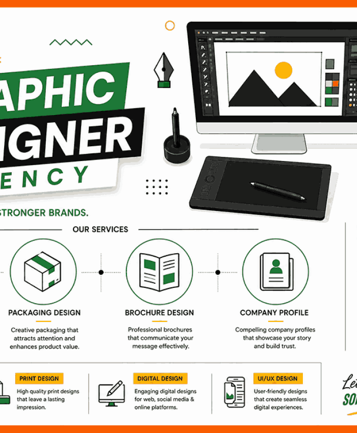 Modern 4:3 infographic-style graphic design flyer featuring green and white boxed typography, creative tool illustrations, and clean service sections in a premium corporate layout.