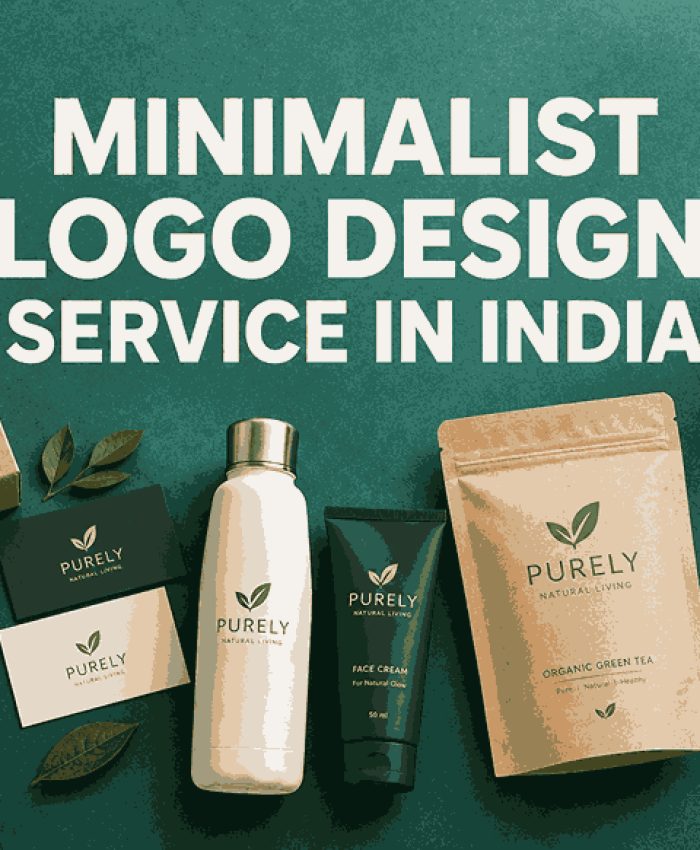 Minimalist logo design service in India featuring elegant leaf logos, eco-friendly product packaging, branded stationery, bottles, and a coffee mug on a teal background.