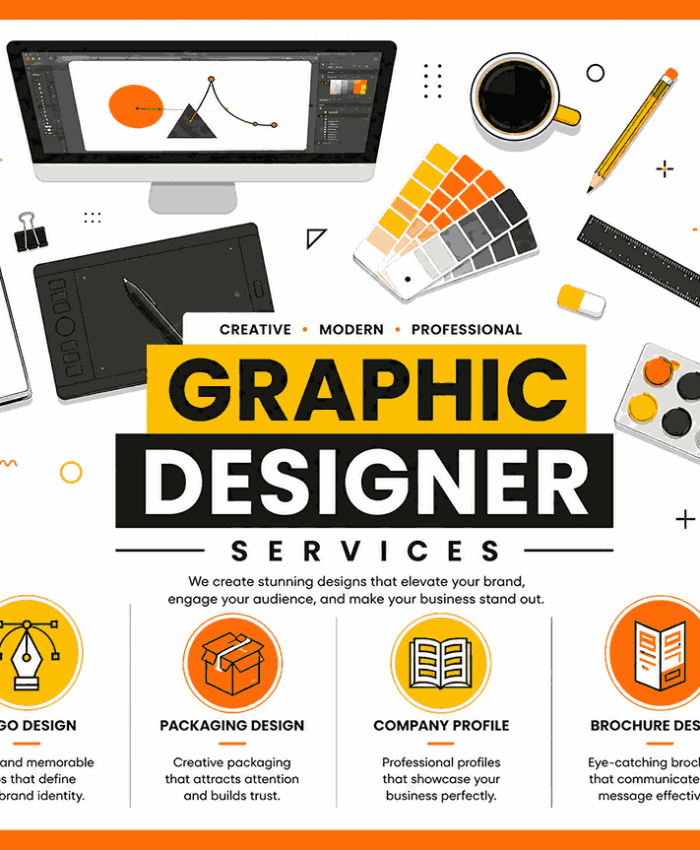 Clean flat vector graphic design services flyer featuring bold typography, creative workspace elements, and modern infographic-style service icons in an orange and white layout.