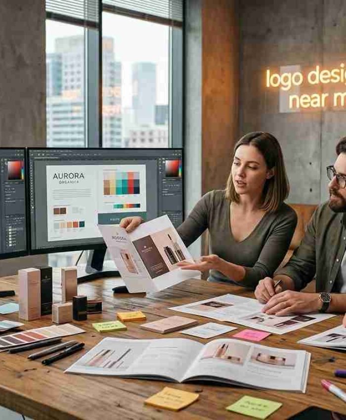 Three professional graphic designers collaborating on premium packaging layouts around a wooden desk in a modern creative agency studio with a glowing "logo designer near me" neon sign in the background.