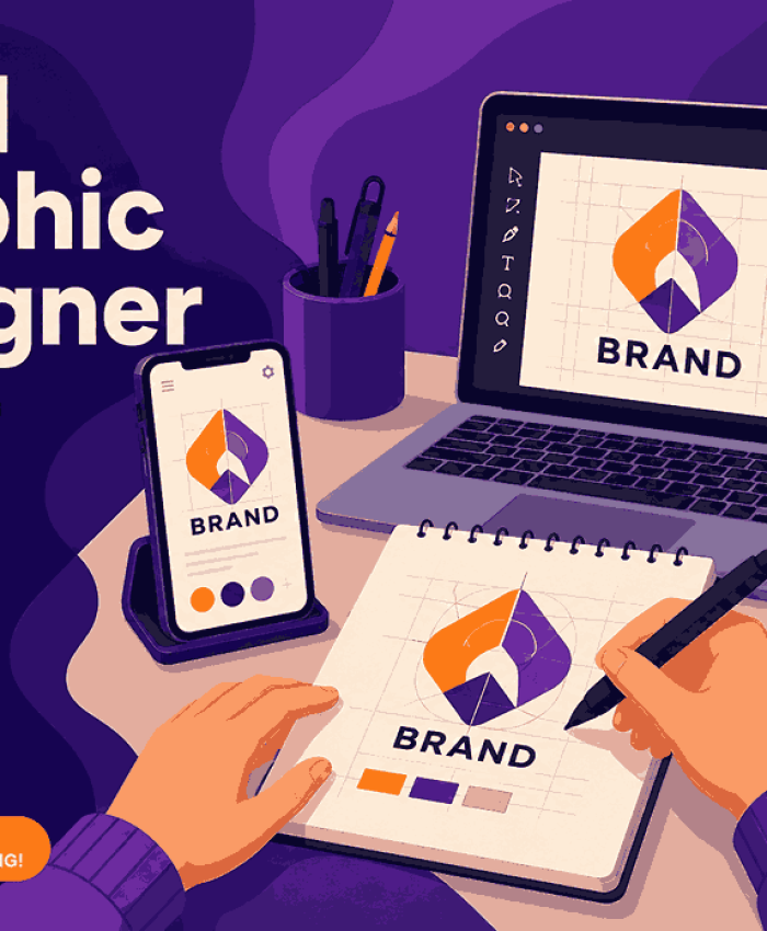 Need Graphic Designer Pune flat vector illustration with laptop logo design workspace, smartphone branding mockup, stylus sketching, and modern purple gradient background