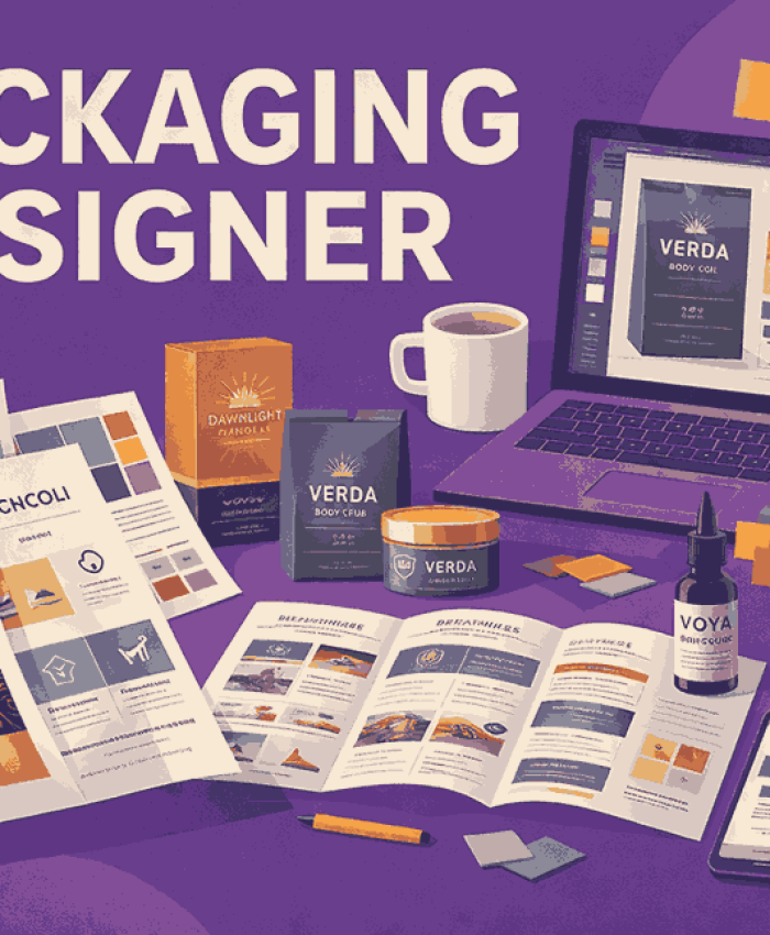 A modern packaging designer cover visual highlighting creative packaging designs, branding elements, and professional design tools.