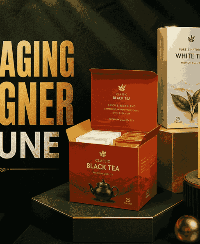 Luxury tea packaging design created by a professional packaging designer in Pune featuring high-end branding and modern aesthetics.