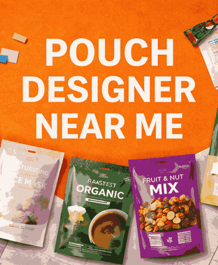Creative cover image highlighting professional pouch packaging designs by an expert pouch designer near you.