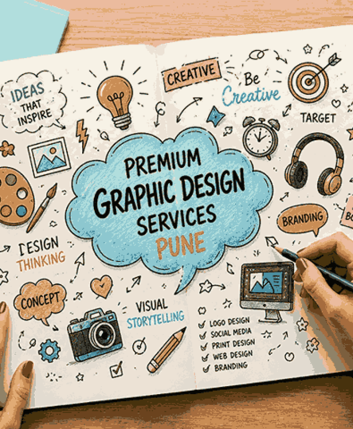 Creative brainstorming workspace with hand-drawn doodles, graphic design icons, and realistic female hands sketching “Premium Graphic Design Services Pune” in a notebook