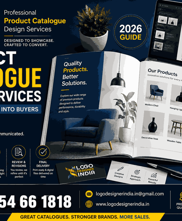 Product Catalogue Design Services That Turn Browsers Into Buyers (2026 Guide) cover image by Logo Designer India featuring a modern catalogue mockup and branding elements.