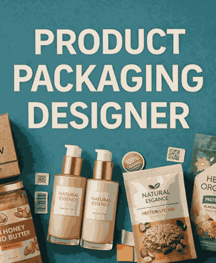 Creative product packaging designer cover image featuring cosmetic, food, wellness, and eco-friendly packaging designs.