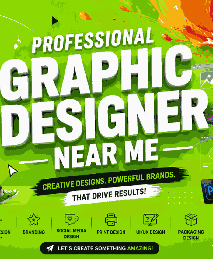 Dynamic graphic design banner featuring bold 3D typography, branding visuals, floating UI wireframes, and creative designer illustrations in a modern agency style.