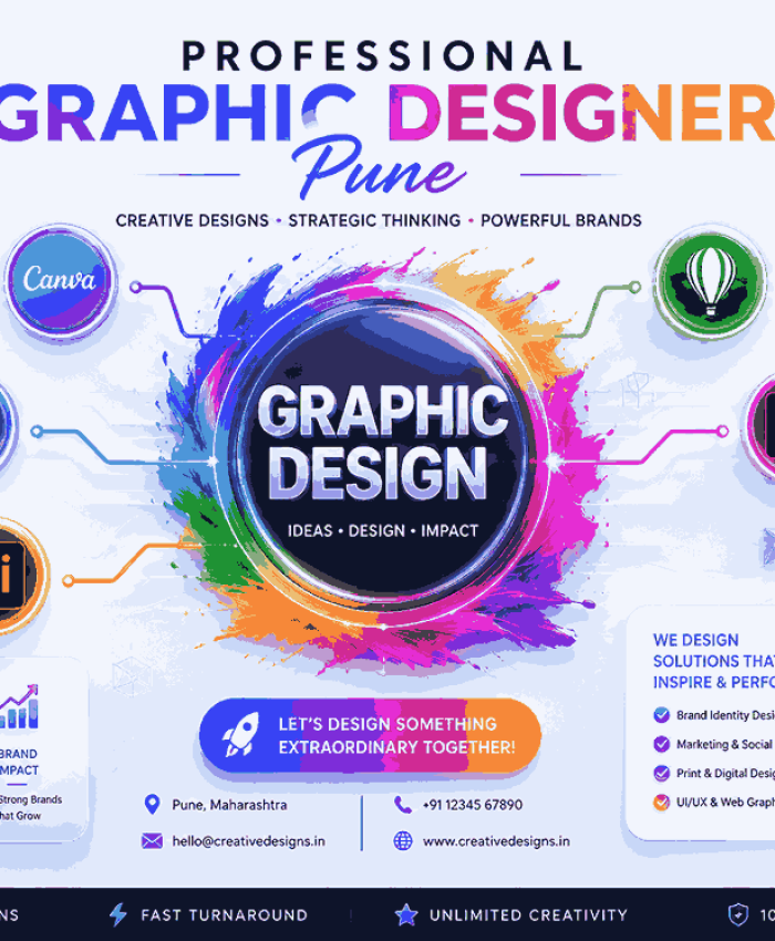 Professional Graphic Designer Pune infographic banner with glowing 3D graphic design emblem, creative software icons, neon workflow lines, and futuristic branding visuals