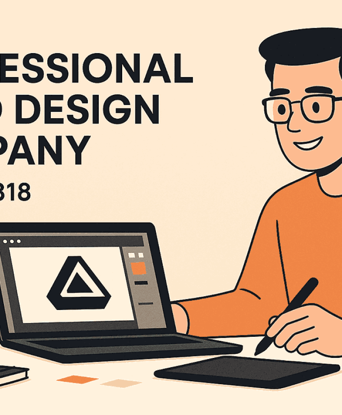 A modern minimalist blog cover illustration featuring a graphic designer working on a geometric logo, with the text Professional Logo Design Company and contact number 9854661818.