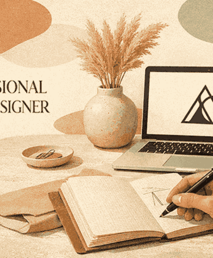 Professional logo designer in Delhi workspace with minimalist geometric logo on laptop and hand sketching branding concepts on notebook