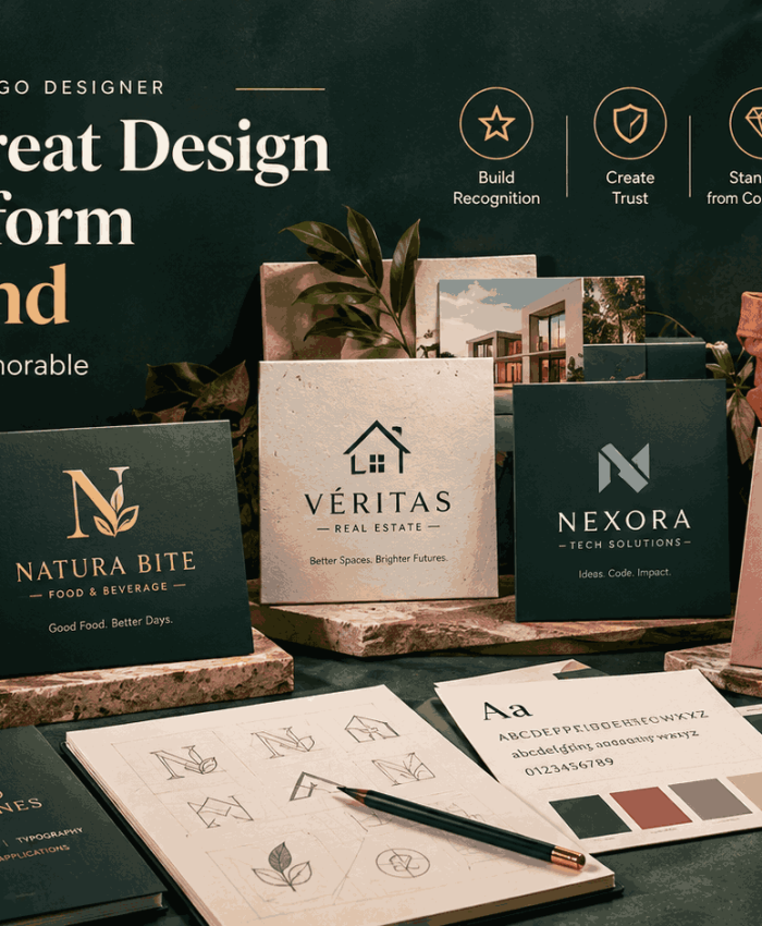 professional logo designer creating distinctive brand identity with logo concepts and packaging